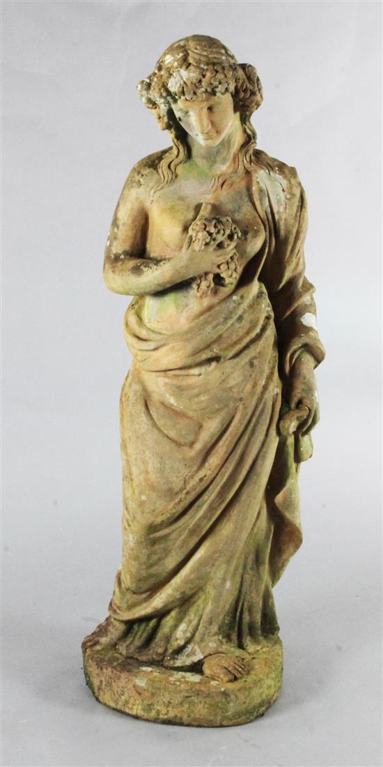 A Victorian terracotta figure of a classical muse holding grapes, H.4ft3in.